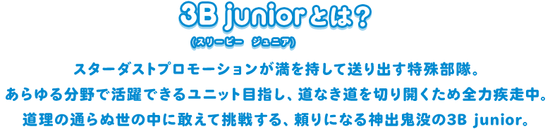 スターダストプロモーションが満を持して送り出す特殊部隊。あらゆる分野で活躍できるユニット目指し、道なき道を切り開くため全力疾走中。道理の通らぬ世の中に敢えて挑戦する、頼りになる神出鬼没の3B junior。